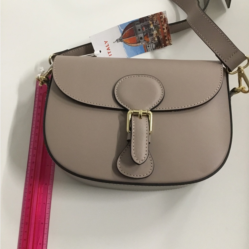 Taupe Crossbody Saddle Bag with Gold Hardware - Picture 2 of 12